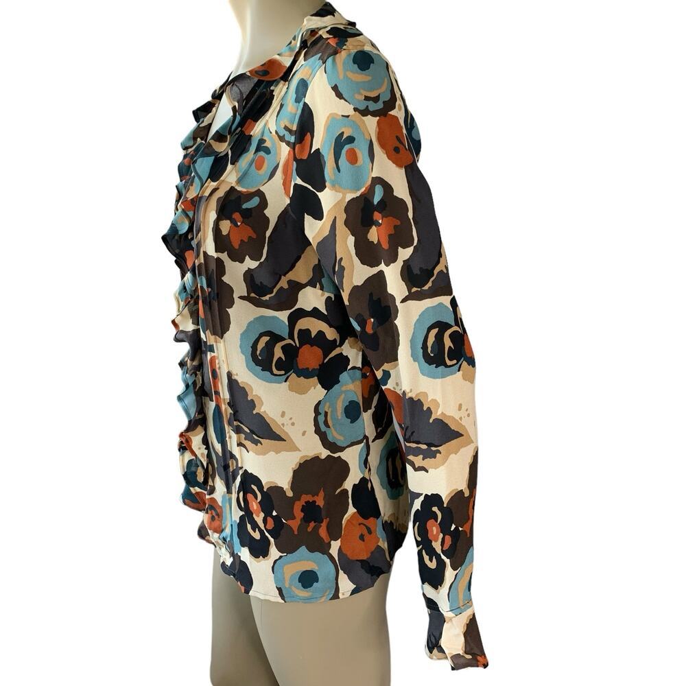 i.e. 100% Silk Floral Ruffled Long Sleeve Chiffon Tops Blouse Size L Multicolor - Picture 3 of 16